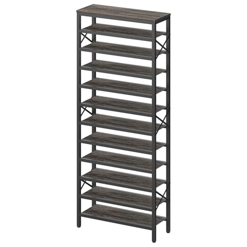 YATINEY 12-Tier Tall Shoe Rack Organizer, Wooden Shoe Storage for Closet Holds 48 Pairs, Sturdy Shoe Shelf with X-Shaped Metal Support, for Entryway, Bedroom, Charcoal and Black SS212BC - color: Charcoal + Black, size: 27.8" x 11" x 81.3"