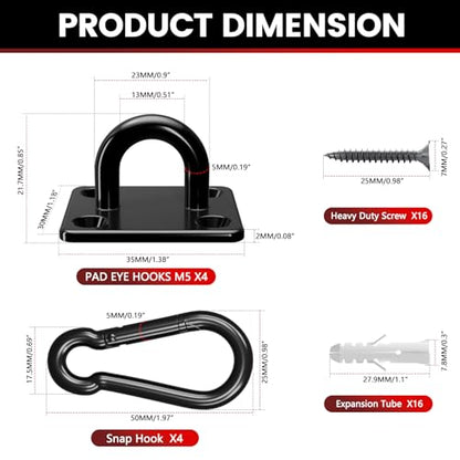 sprookber 304 Stainless Steel Pad Eye Snap Hooks, M5 Heavy Duty Ceiling Hooks, 500 lb Capacity Hammock Swing Hanging kit, Plant Hangers, Marine Hardware Staple Hook Loop with Screws, Set of 8(Black) - size: 2 Inch, style: Black Square