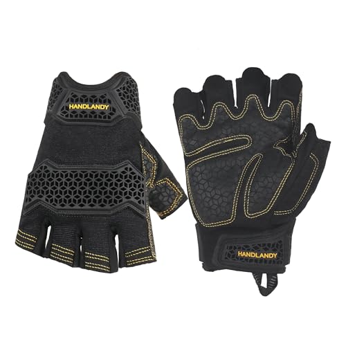 HANDLANDY Fingerless Work Gloves for Men, Padded Impact Tactical Mechanics Gloves, Grip Utility Trucker Driver Gloves (Black- impact, Medium (Pack of 1)) - color: Classic Black, size: Medium (Pack of 1)