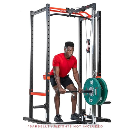 Sunny Health & Fitness Power Zone Strength Rack Power Cage - 1000 LB Weight Capacity, Spotter Bar, Angled Pull-Up Bar, J-Hooks, Resistance Band Pins, Optional LAT Pull Down - style: Lat Pull Down Attachment