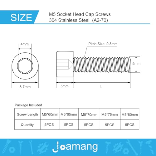 M5 x 60mm 65mm 70mm 75mm 80mm Socket Head Cap Screws Bolts, Stainless Steel 304, Metric Allen Hex Drive, Bright Finish, Fully Threaded, Assortment Kit 25PCS - size: Socket M5x60-80mm