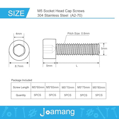 M5 x 60mm 65mm 70mm 75mm 80mm Socket Head Cap Screws Bolts, Stainless Steel 304, Metric Allen Hex Drive, Bright Finish, Fully Threaded, Assortment Kit 25PCS - size: Socket M5x60-80mm