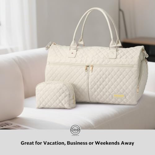 STOVER Women’s Convertible Garment Duffel Bag for Travel – 2-in-1 Carry-On Weekender/Overnight Tote - Wrinkle-Free Dresses, Suits & Clothes + Shoe Compartment & Bonus Toiletry Bag (Cashmere Cream) - color: Cashmere Cream
