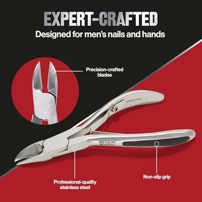 Revlon Nail Clipper for Men, Durable for Tough Fingernail and Toenail Trimming, Ergonomic No-Slip Grip Handle, Stainless Steel, 1 count