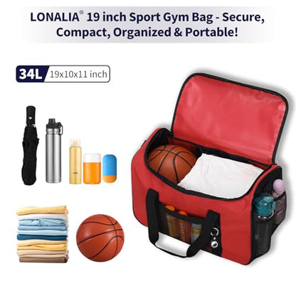 35L Sports Gym Duffle Bag - 19 inch Weekender Duffel for Workout, Basketball, Fitness, Training (Red) - color: Red