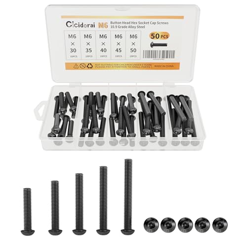 M6 x 30mm 35mm 40mm 45mm 50mm Button Head Socket Cap Screws Bolts, 10.9 Grade Alloy Steel, Metric Allen Hex Drive, Black Oxide Finish, Fully Threaded, Assortment Kit 50Pcs - size: Button Head M6x30, 35, 40, 45, 50mm(50pcs)