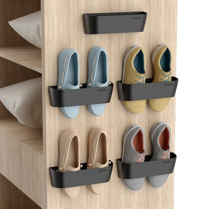 Wall Mounted Shoes Rack 5Pack with Sticky Hanging Strips, Plastic Shoes Holder Storage Organizer,Door Shoe Hangers (Black) - color: Black