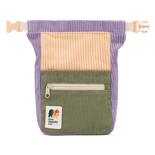 Oso Supply Co - Retro Corduroy Bouldering Bucket, Large Size Freestanding Chalk Bag for Rock Climbing, Magnetic Roll Down Closure, Dual Brush Loops, Zippered Pockets and Pouch - color: Sage and Lavender