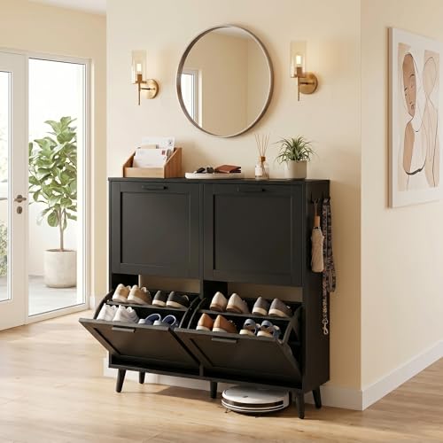 holzart Large 4 Tier Shoe Cabinet for Shoe Size 16 - Freestanding Wooden Shoe Organizer with Flip-Up Doors, Space-Saving Entryway/Closet Storage Rack, Black - color: Black