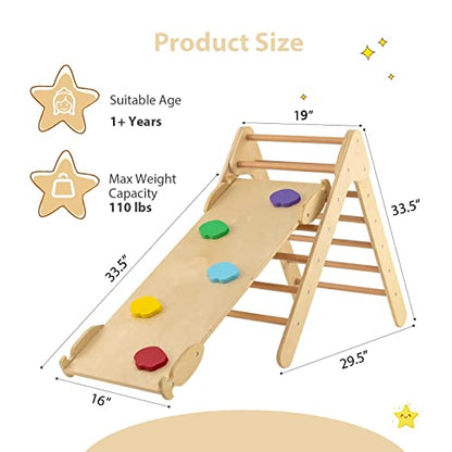 OLAKIDS Pikler Triangle Set 3 in 1 Climbing Toys for Toddlers Wood Montessori Baby Jungle Gym with Ramp Ladder Slide Kids Indoor Playground Activity Play Structure - color: Wooden