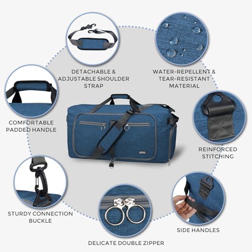 Fmeida 65L Duffle Bag with Shoes Compartment, Foldable Travel Duffel Bags for Men Women, Large Packable Travel Bag Water Repellent & Tear Resistant (Blue) - color: Textured Blue