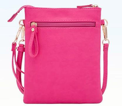 Solene Small Multi Zipper Pockets Crossbody Bag with Detachable Wristlet - color: Fuchsia