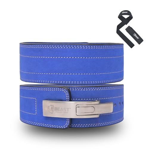 Beast Power Gear Weight Lifting 10MM 13MM Leather Lever Belt Powerlifting - Free Strap Lower Back Support for Weightlifting, Deadlifts, Squats, Power Belt - Men & Women - color: Light Blue, size: Large