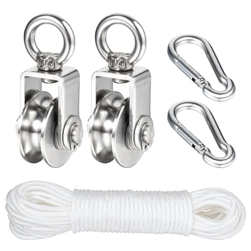 Stainless Steel Small Pulley M25, 20m Nylon Rope and 2pcs Clips for Outdoor DIY Pulley System, Bird Feeder, Sun Shade, Tent Poles, Kayak - size: 20m
