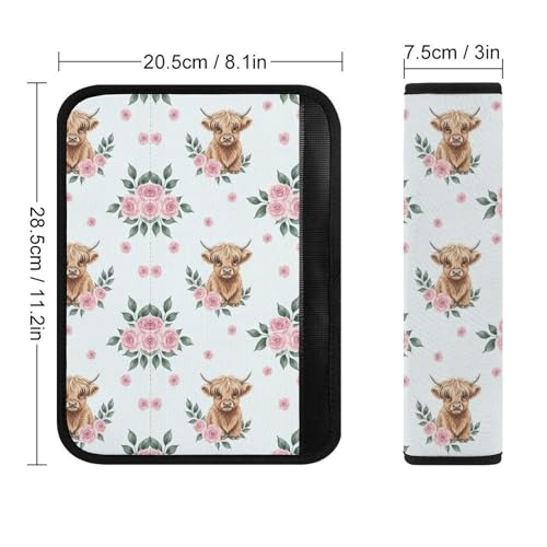 2PCS Western Animal Pink Rose Highland Cow Bull Cattle Seat Belt Cover Breathable Automotive Seat Belt Protector for Adult Use, Most Cars, Pressure Relief - color: Pattern 1139