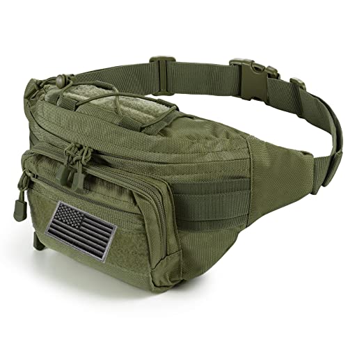 FRTKK Tactical Fanny Pack Military Waist Bag Pack with USA Flag Patch Utility Hip Pack with Adjustable Strap for Outdoors Fishing Cycling Camping Hiking Dog Walking (Army green 2) - color: Army green 2