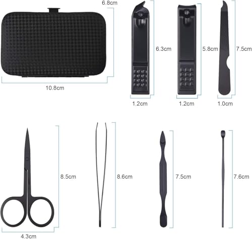 AOMIG Nail Clipper Set 7 pcs Manicure Pedicure Nail Care Kit with Luxurious Leather Case Fingernail Toenail Clippers Portable Stainless Steel Ear Pick Eyebrow Scissors Fingernail File Tweezer Kit - color: Black