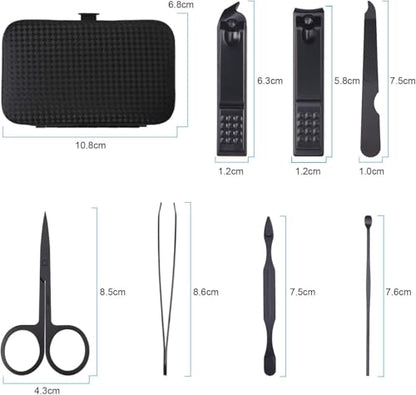 AOMIG Nail Clipper Set 7 pcs Manicure Pedicure Nail Care Kit with Luxurious Leather Case Fingernail Toenail Clippers Portable Stainless Steel Ear Pick Eyebrow Scissors Fingernail File Tweezer Kit - color: Black