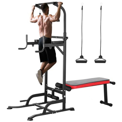 Arlopu Multi-Function Power Tower with Folding Bench 4 Training Ropes | Pull Up Bar Stand with Adjustable Heights and Angles, Heavy-duty Frame, 400LBS Capacity, Home Gym Full-body Strength Training