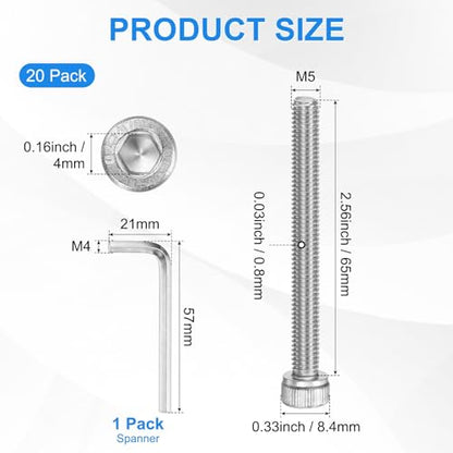 M METERXITY 20-Pack M5 x 65mm Socket Head Cap Screws, 304 Stainless Steel Hex Machine Bolts, Allen Socket Drive Screw with Hex Wrench for Repair/DIY, Fully Threaded Fasteners Kit [Silver] - size: M5 x 65mm