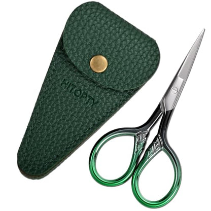 Small Sharp Scissors for Women Men Eyebrow Hair Beauty Grooming | All Purpose Tiny Travel Kit, for Beard, Moustache, Eyelash, Sewing, Embroidery, Detail Thread Paper Cutting with PU Cover - color: Dark Green