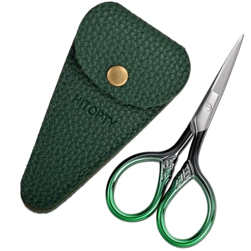Small Sharp Scissors for Women Men Eyebrow Hair Beauty Grooming | All Purpose Tiny Travel Kit, for Beard, Moustache, Eyelash, Sewing, Embroidery, Detail Thread Paper Cutting with PU Cover - color: Dark Green