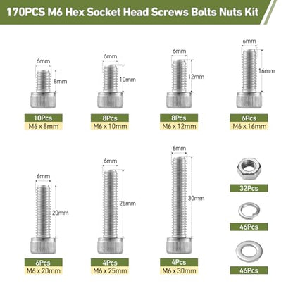 170PCS M6 Screws Assortment Kit, 304 Stainless Steel 18-8 Hex Socket Head Cap Screws Bolts Nuts and Washers Set, M6 x 8/10/12/16/20/25/30mm - size: M6 170PCS Socket SS