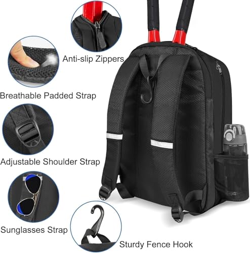 Ytonet Tennis Bag Tennis Backpack for Women Men 2 Rackets | Insulated Pocket and Ventilated Shoe Compartment, Gym Bags with Fence Hook for Pickleball and Badminton Rackets - color: Black