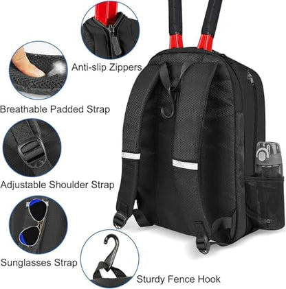 Ytonet Tennis Bag Tennis Backpack for Women Men 2 Rackets | Insulated Pocket and Ventilated Shoe Compartment, Gym Bags with Fence Hook for Pickleball and Badminton Rackets - color: Black