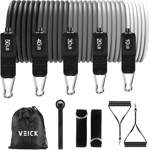 VEICK Resistance Bands with Handles, Ankle Straps, Door Anchor | Accredited Lab Certified, 100% Natural Latex, Cushioned Handles, Versatile for Yoga, Pilates, Strength, Home Gym - color: Gray 150LBS