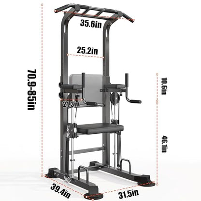 SogesPower Power Tower Multi-Function Pull Up Bar Station for Home Gym | 10-Level Height& 5-Level Armrest Adjustable,2-IN-1 Assisted Pad,Pull Up Dip Station Strength Training Workout Equipment - color: Black