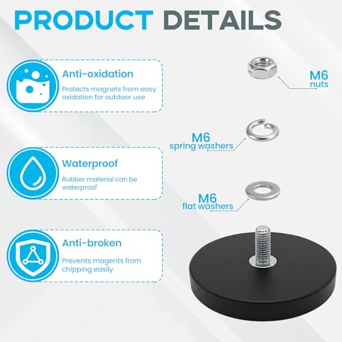 E BAVITE 12PCS Strong Rubber Coated Mounting Magnets with M6 Threaded,65LBS | Anti-Scratch Mounting Magnet Magnetic Non-Slip Strong Magnet for Lighting Bar, Additional Mirrors and Camera - size: M6-2.6in-65LBS