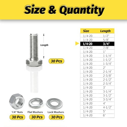 （30 Sets 1/4-20x3/4 Hex Bolt,Nut, Flat Washer & Split Lock Washer Assortment Kit,120Pcs 304 Stainless Steel SAE Fastener Set,Ideal for Mechanical Assembly, Equipment Repair and DIY Projects - size: 1/4x3/4"-30sets