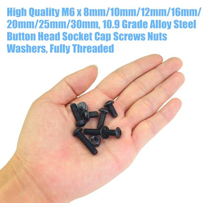 DYWISHKEY 152 Pieces M6 Black Screws, 10.9 Grade Alloy Steel M6x 8/10 /12/16 /20/25 /30mm Button Head Socket Cap Screws Bolts Nuts Washers Assortment Kit - size: M6, style: Button Head Socket Cap