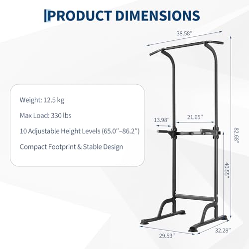 Power Tower Home Gym Strength Training Station Adjustable 10 Height Levels, Heavy-Duty Chin-Up Tower with Parallel Dip Handles, Bodyweight Workout Equipment for Pull-Ups, Dips, Knee Raises, Push-Ups, 330 Lb Capacity - color: Black