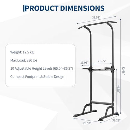 Power Tower Pull Up Bar Station - 330 LBS Stable Multi-Function Gym Dip Station for Home Strength Training Equipment - 10 Adjustable Heights Heavy Duty Pull-Up Tower with h-Shaped Base & Push-Up - color: Black