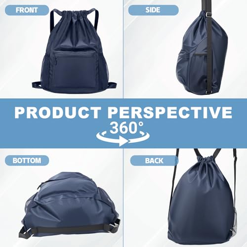 Tygelluis Drawstring Backpack, Waterproof Gym Bag with Water Bottle Pocket for Women Men, Pull String Sport Bag for Swim, Soccer and Basketball,Navy - color: Navy1