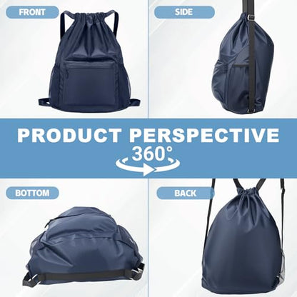 Tygelluis Drawstring Backpack, Waterproof Gym Bag with Water Bottle Pocket for Women Men, Pull String Sport Bag for Swim, Soccer and Basketball,Navy - color: Navy1