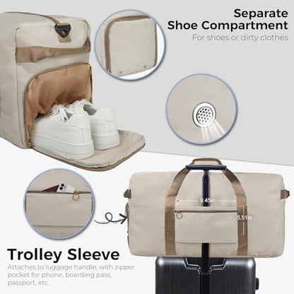 Fmeida 65L Duffle Bag with Shoes Compartment, Foldable Travel Duffel Bags for Men Women, Large Packable Travel Bag Water Repellent & Tear Resistant (Beige) - color: Glossy Beige