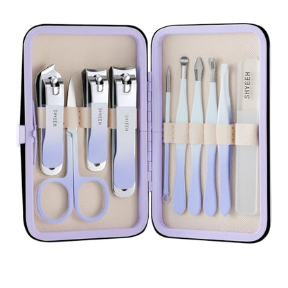 Manicure Set, 10 pcs High-Carbon Steel Nail Clippers Set, Portable Mini Manicure and Pedicure Kit, Travel Grooming Nail Kit with Leather Bag for Men and Women - color: Purple