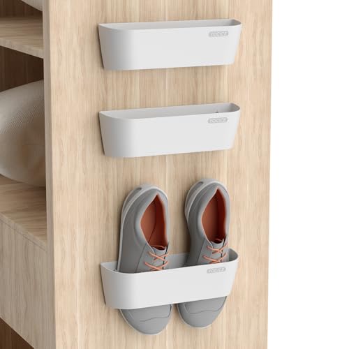 Wall Mounted Shoes Rack 3Pack with Sticky Hanging Strips, Plastic Shoes Holder Storage Organizer,Door Shoe Hangers (White) - color: White