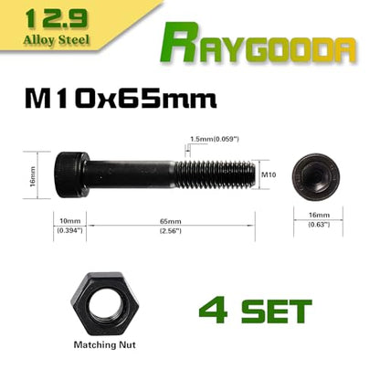 M10-1.5x65 Socket Head Cap Screw and Nut Kit 4set, Grade 12.9 Alloy Steel, Black Oxide Finish, Partially Thread, High Tensile Strength for Automotive, Machinery & Heavy Duty Use - size: M10x65mm(4 Sets）