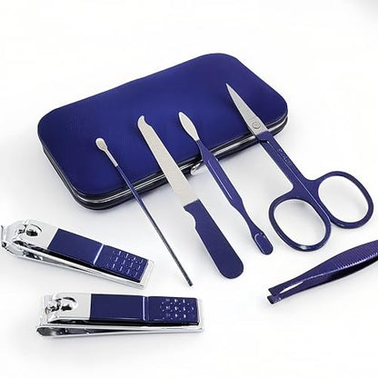 QURIPE 7pcs Manicure Set, Nail Clippers Kit, Stainless Steel Manicure Kit, Nail Clipping Tools Portable Travel Grooming Kit, The Best Gift with Luxurious Case (Blue) - color: Blue