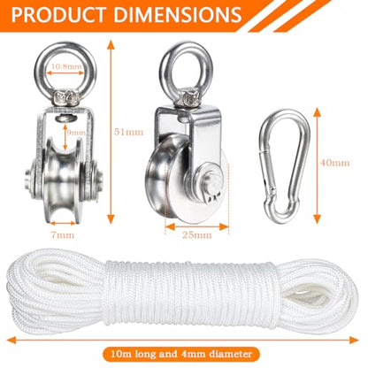 Stainless Steel Small Pulley M25, 10m Nylon Rope and 2pcs Clips for Outdoor DIY Pulley System, Bird Feeder Sun Shade, Tent Poles, Kayak - size: 10m