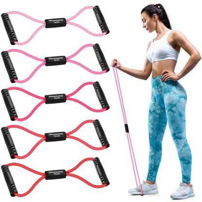 RENRANRING Figure 8 Fitness Resistance Bands with Handles - Exercise Tube Band Set of 3 for Arm and Shoulder Stretch, Rope 8 Word Elastic for Women and Men - color: Pink & Red