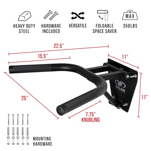 Valor Fitness Wall Mount Dip Bar, Foldable Dip Station | 350 lb Capacity, Multi-Grip Handles, Heavy-Duty Steel, Leg Raises, Bodyweight Training