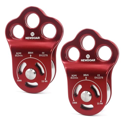 NewDoar 30 KN CE Certified Three Holes Rescue Climbing Pulley,for Max Rope 13mm Rope Hauling with Bearing Rappelling, Zipline,Durability Side Plates - color: Pack of 2(30KN Pulley Red)