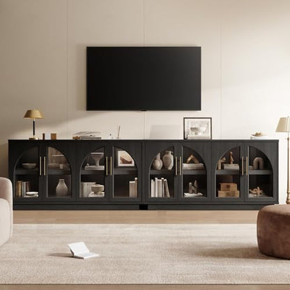 Fatmok 59" Buffet Cabinet with Glass Doors, Modern Arched Sideboard with Large Storage and Adjustable Shelves, Accent Console Credenza for Dining Room, Living Room, Entryway, Black Grey - color: B-black Grey