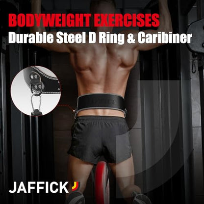 Jaffick Leather Weight lifting belt & 2-in-1 Dip Belt with Rope for Weightlifting Pull Up Gym Powerlifting Squat Bodybuilding Waist Support for Men Women - size: L