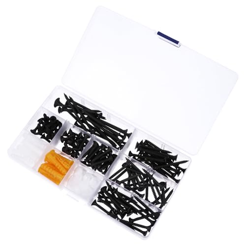 Luxshiny Black Hardened Self-Tapping Screws Set Round Head Cross Screws with Washers and Expansion Anchors for Cabinet and Shelf Installation 180pcs